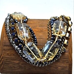 Modern Multi Layer Beaded Glass Necklace Faceted Beads Navy Rhinestones Gold